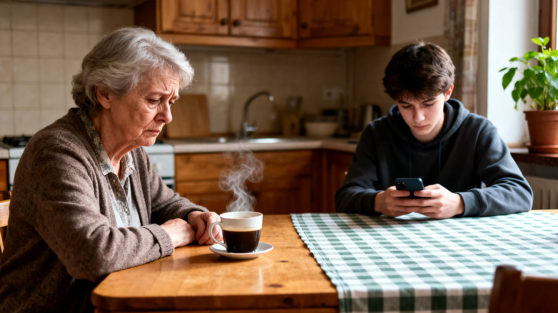 Die Großmutter bemerkt, dass ihr erwachsener Enkel/ihre erwachsene Enkelin täglich stundenlang mit dem Smartphone beschäftigt ist – auch beim gemeinsamen Essen oder Besuch. Sie fühlt sich ignoriert und unsichtbar, versteht die digitale Welt nicht und weiß nicht, wie sie das Thema ansprechen soll, ohne einen Konflikt auszulösen oder die Beziehung zu belasten."