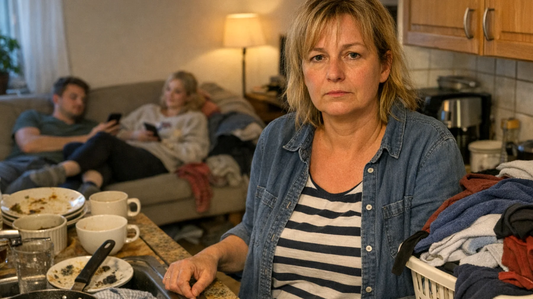 Die Mutter fühlt sich erschöpft und frustriert, weil ihre erwachsenen Kinder sich kaum an den alltäglichen Aufgaben im Haushalt beteiligen. Trotz mehrfacher Bitten und Absprachen werden Aufgaben wie Einkaufen, Kochen, Putzen oder Wäsche waschen konsequent ignoriert oder auf die Mutter abgewälzt. Die jungen Erwachsenen leben noch im gemeinsamen Haushalt, zeigen jedoch wenig Verantwortungsbewusstsein und betrachten die häuslichen Pflichten als selbstverständliche Leistung der Mutter."