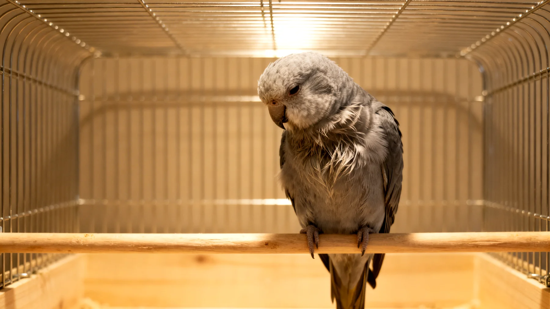 Ein älterer Nymphensittich wird neu adoptiert und zeigt Schwierigkeiten bei der Eingewöhnung, möglicherweise aufgrund von verminderter Anpassungsfähigkeit, gesundheitlichen Einschränkungen oder traumatischen Vorerfahrungen im Seniorenalter"