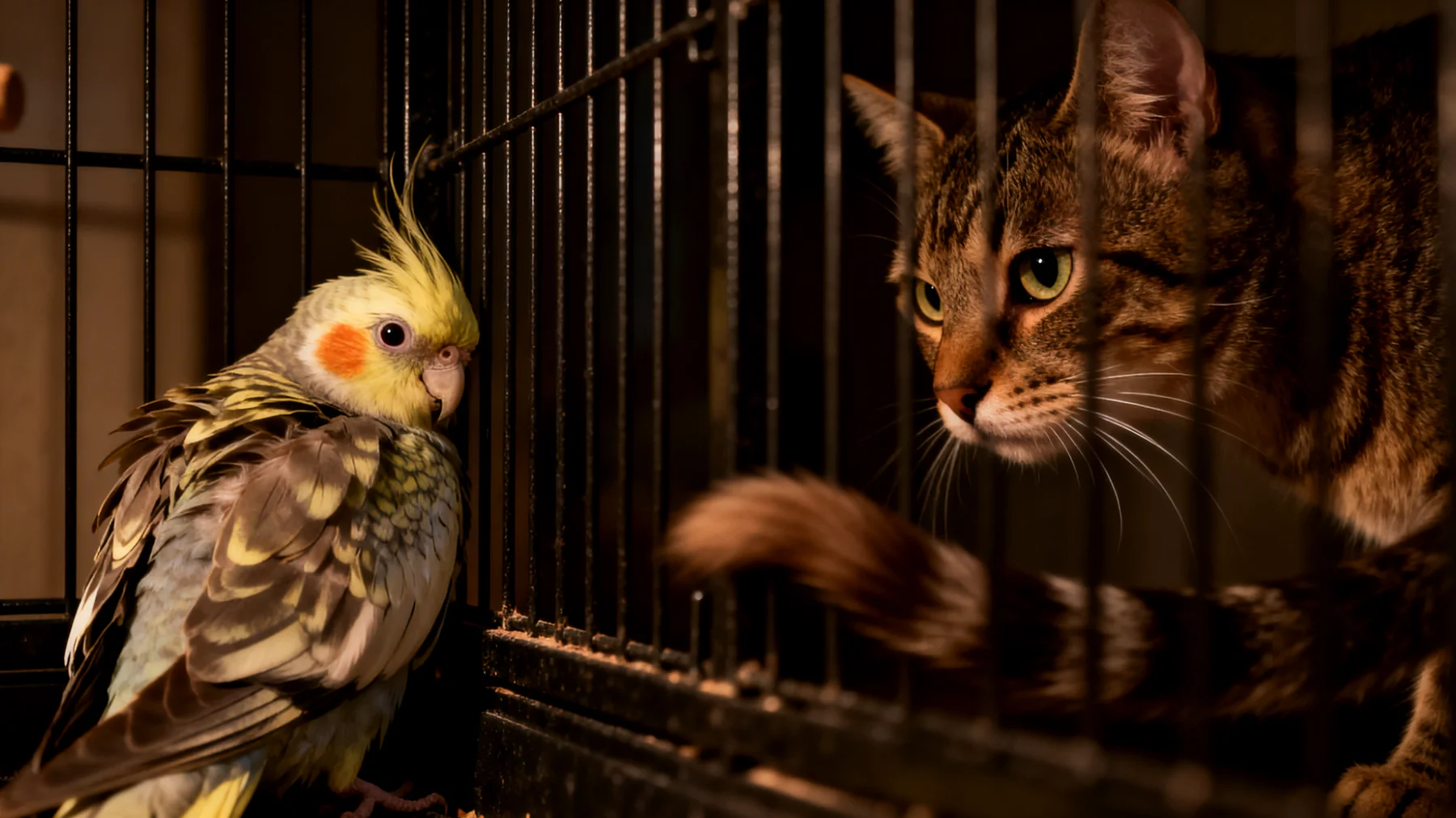 Nymphensittiche zeigen aggressives Verhalten oder Stress, wenn sie mit anderen Tieren im Haushalt zusammenleben, was zu Federpicken, ständigem Schreien oder Rückzug führen kann"