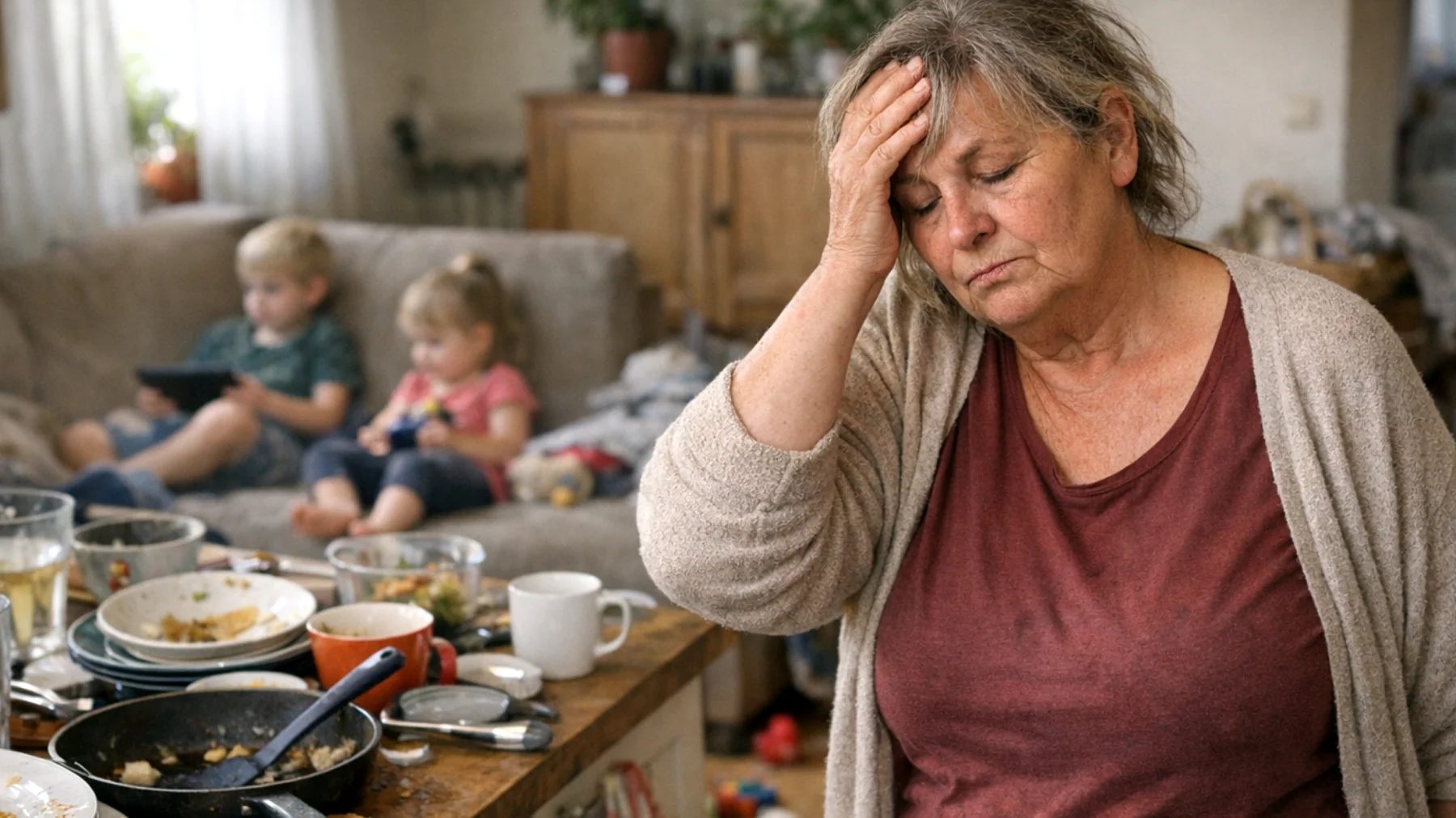 Die Oma bemerkt, dass ihre Enkelkinder sich konsequent weigern, bei alltäglichen Aufgaben mitzuhelfen – wie Tisch decken, Spielzeug aufräumen oder beim Einkaufen helfen. Sie fühlt sich erschöpft und allein gelassen, da jede Bitte um Mithilfe ignoriert oder mit Protest beantwortet wird."