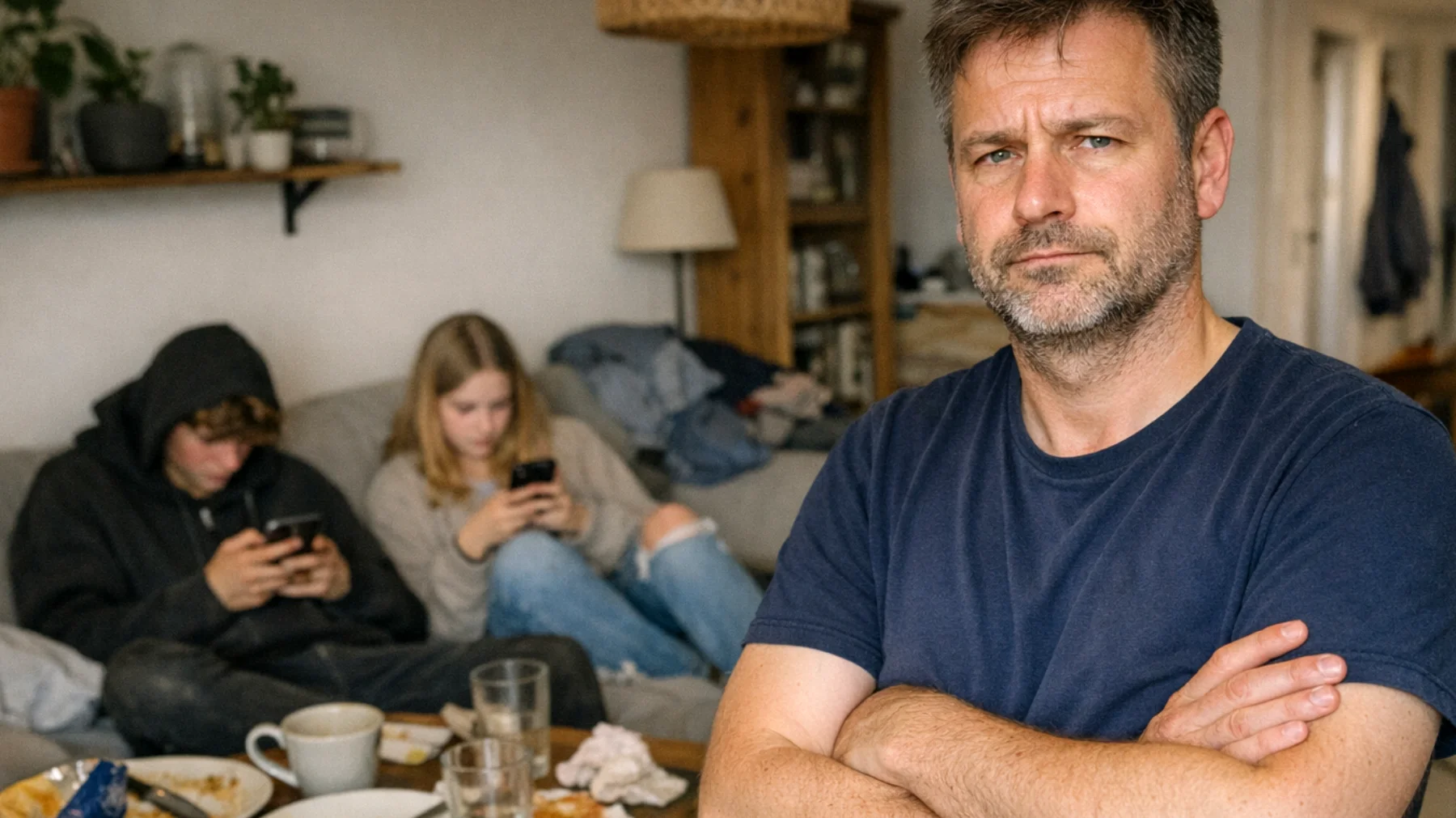 Der Vater kämpft damit, dass seine jugendlichen Kinder sich konsequent weigern, an alltäglichen Haushaltsaufgaben teilzunehmen – wie Aufräumen, Abwaschen oder das Zimmer in Ordnung halten. Trotz wiederholter Bitten und Abmachungen werden die Aufgaben ignoriert, vergessen oder halbherzig erledigt, was zu wachsender Frustration und Erschöpfung beim Vater führt."